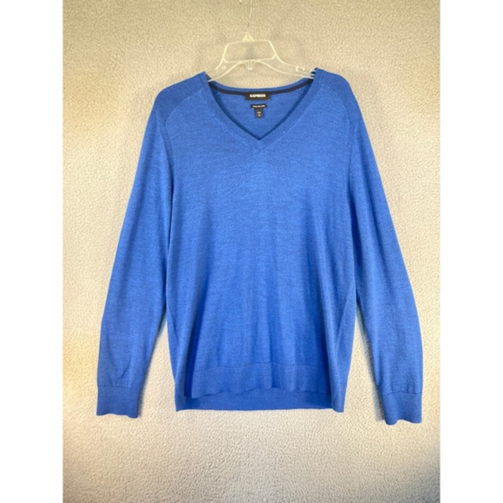 Express Sweater Men's L Blue Merino Wool Blend V Neck Pullover Long Sleeve